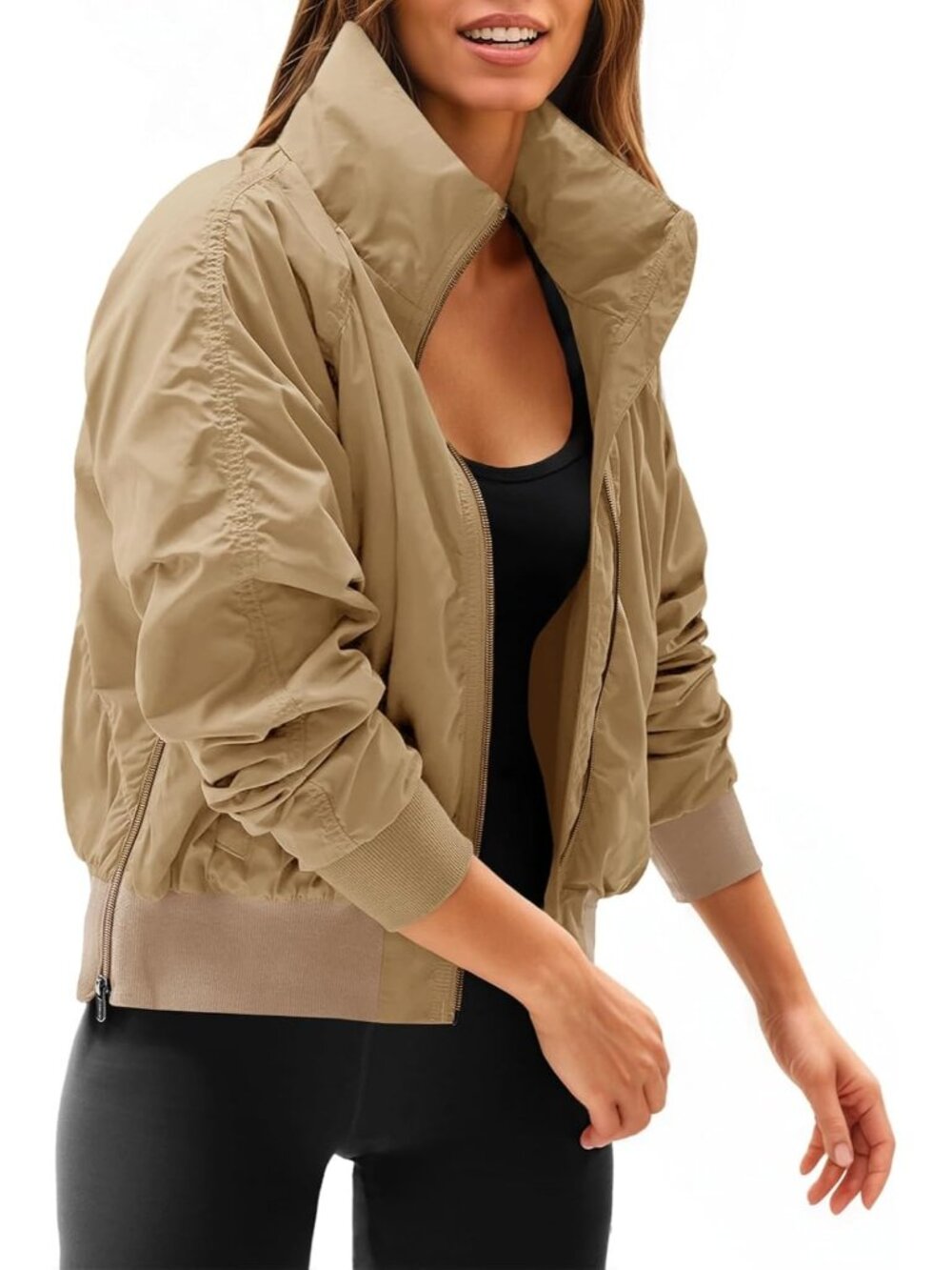 Women Khaki Polyester Hidden Hooded Long Sleeve Zip Up Pocket Bomber Jacket
